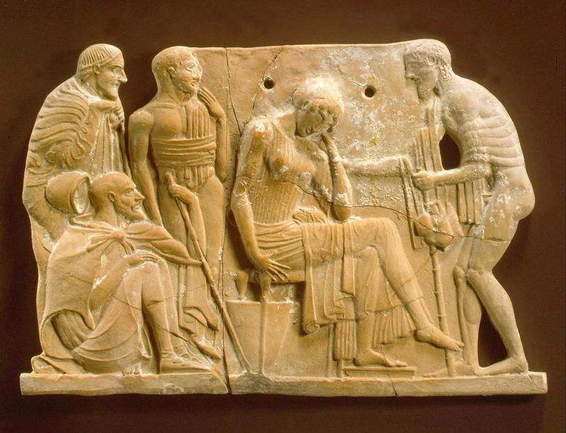 Terakotas plāksne, kas attēlo Odiseja atgriešanos pie Pēnelopes. Ap 460.–450. gadu p. m. ē.