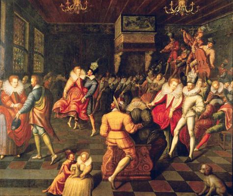 Balle Valuā galmā. Pāris centrā dejo voltu. Ap 1580. gadu, franču skolas glezna. Francija, 16. gs. 