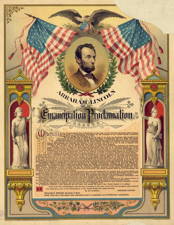 Ābrahama Linkolna Vergu atbrīvošanas deklarācija, kas papildināta ar Amerikas Savienoto Valstu (ASV) karogiem, ērgli virs Ābrahama Linkolna portreta, kā arī taisnīguma un brīvības alegoriskām figūrām. 1888. gads.