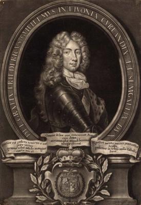 Kristofs Veigels pēc Johana Leonharda Hiršmana gleznas. Gravīra “Kurzemes hercogs Frīdrihs Vilhelms”. Ap 1710. gadu.