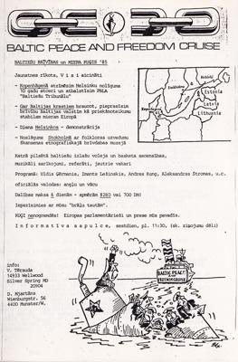 Informācija par Baltijas Brīvības un miera kuģa braucienu, 1985. gads.