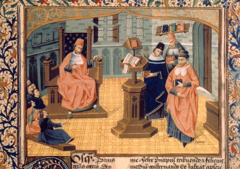 Miniatūra, kurā attēlota 14. gs. franču ārsta un ķirurga Gija de Šoljaka (Guy de Chauliac) lekcija, pirms viņa Hipokrats kopā ar Galēnu un Avicennu. Francija, 14. gs.