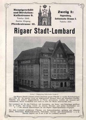 Rīgas pilsētas lombarda ēka. 1913. gada Rīgas adrešu grāmata.
