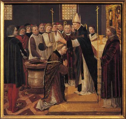 Ambrodžo Bergoņones (Ambrogio Bergognone) glezna "Svētā Augustīna iesvētīšana". Itālija, 15., 16. gs.