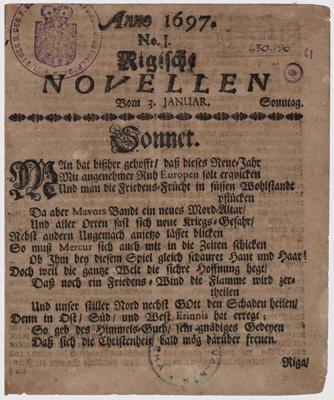 Avīze Rigische Novellen (03.01.1697., Nr.1, 1. lpp.)