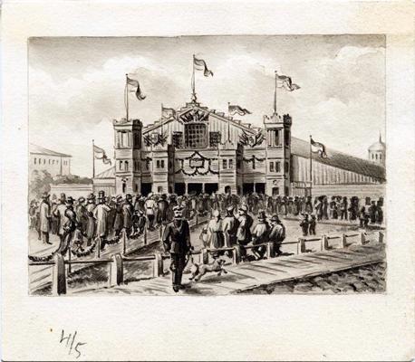 Dziesmu svētku ēka Esplanādē, kurā tika rīkoti III Vispārējie Dziesmu svētki. Zīmējuma fotokopija. Rīga, ap 1888. gadu.