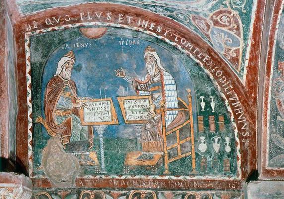 Galēns ar Hipokratu. Freska Sv. Marijas katedrāles kriptā. Ananji pilsēta Lacio reģionā, Itālija, 13. gadsimts.