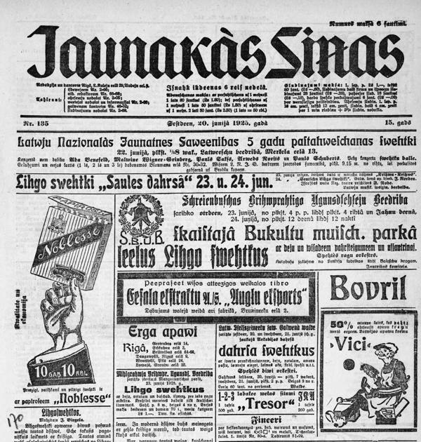 Laikraksta "Jaunākās Ziņas" pirmās lapas fragments. 20.06.1925.
