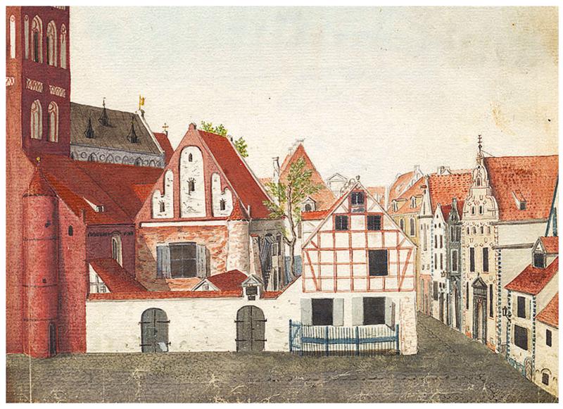 Skats uz Rīgas Sv. Jēkaba baznīcu un Rīgas Ķeizarisko liceju 1785. gadā (līdz 1710. gadam – Kārļa licejs), Johana Kristofa Broces akvarelis.