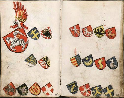 Lietuvas valsts ģerbonis (augšējā rindā pirmais no kreisās) izdevumā Bergshammars vapenbok, ap 1440. gadu.