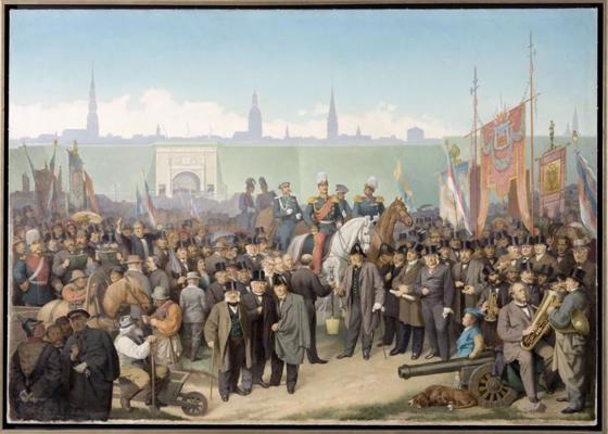 Jūliuss Gotfrīds Zīgmunds. Rīgas nocietinājuma vaļņu nojaukšanas atkāšanas svinības 1857. gada 15. novembrī. 1899. gads.