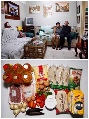 Pētījumā dokumentēts kādas ģimenes mājās pieejamais pārtikas klāsts. Karakasa, Venecuēla. 2016. gads.