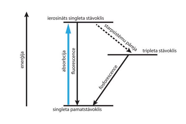 Fluorescences un fosforescences shematisks attējoums – Jabloņska diagramma.