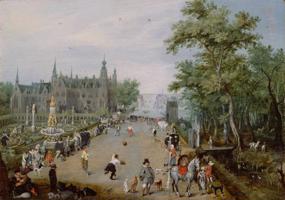 Adriāna Pītersa van de Vennes (Adriaen Pietersz van de Venne) glezna "Jeu de paume jeb spēle ar plaukstu pie lauku pils". Ap 1614. gadu.