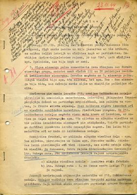 Ģenerāļa Jāņa Kureļa ziņojums par savas grupas karavīru darbību laikā no 1944. gada jūlija līdz novembrim ar ģenerāļa R. Bangerska dienesta atzīmēm (1. lapa). 24.11.1944.