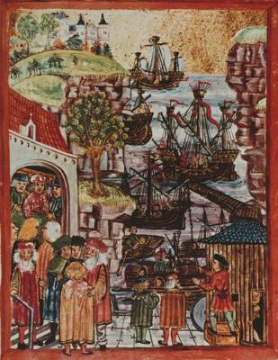 Miniatūra no Hamburgas pilsētas likumu manuskripta (Hamburger Stadtrecht) ar Hanzas kuģiem ostā. 1497. gads.