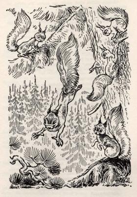 Ilustrācija Jāņa Širmaņa grāmatā "Kriksis Mežmājā". Nirnbergas Valkā, Autora izdevums, 1949. gads.