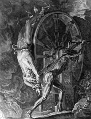 Mišela de Marollesa (Michel de Marolles) ilustrācija "Iksions Tartarā" izdevumā "Mūzu tempļa attēli, kas ņemti no mirušā Favereau kunga biroja" (Tableaux du temple des muses tirez du cabinet de feu Mr. Favereau). Parīze: Antuāns de Sommavils, 1655. gads.