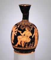 Terakotas eļļas kolba, uz kuras attēloti Lēto, Apollons un Artemīda ar Hermeju un Erotu. Grieķija, ap 410. gadu p. m. ē.