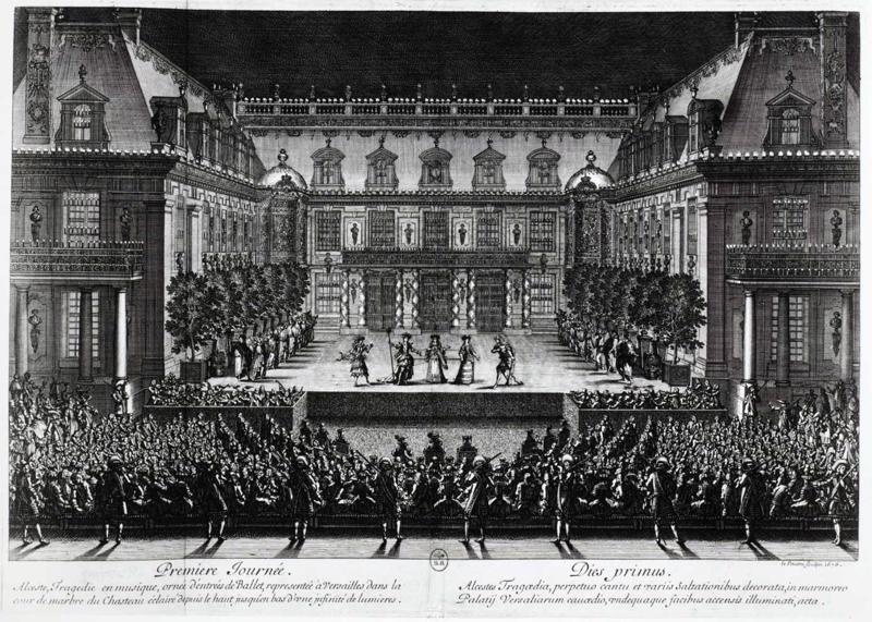 Žana Batista Lullī (Jean-Baptiste Lully) operas "Alkestīda" (Alceste) uzvedums Versaļas pils pagalmā. Mākslinieka Žana Lepotra (Jean Le Pautre) gravīra, 1674. gads.
