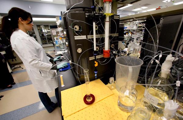 Daudznacionālā biofarmācijas uzņēmuma “Amgen” laboratorijā pētniece strādā ar hromatogrāfijas kolonnu, kas attīra proteīnus. Tauzendouksa, Kalifornijas pavalsts, ASV. 25.04.2013.