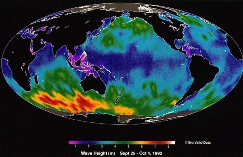 Zemes okeānu topogrāfiskās kartes piemērs, kuras izveidē izmantoti satelīta dati. 1992. gads.