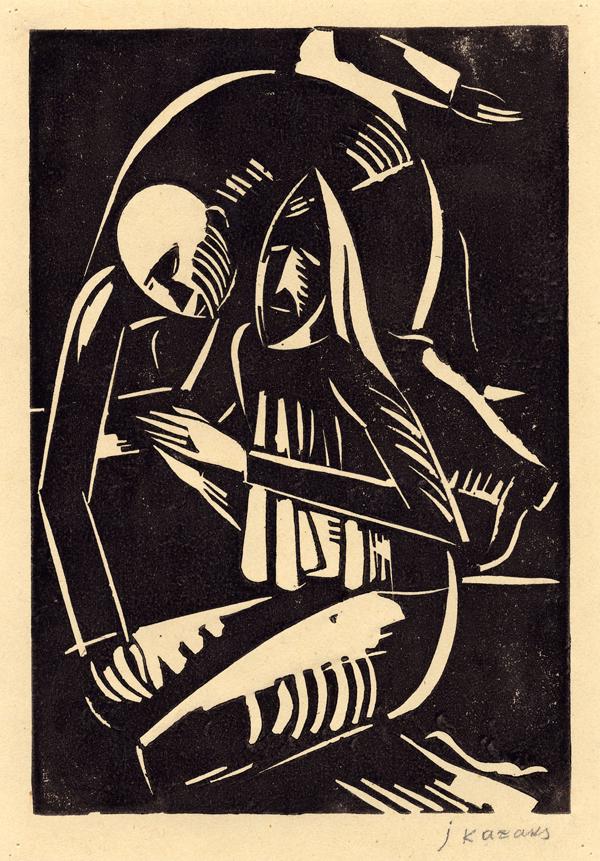 Jēkabs Kazaks. “Sieviete ar ievainoto plecos”. No linogriezumu mapes “Ekspresionisti”. 1919. gads. Papīrs, linogriezums. 32 x 25,9 cm.