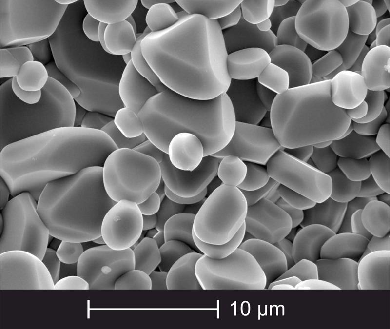 Alumīnija oksīda keramikas mikrostruktūras SEM attēls.
