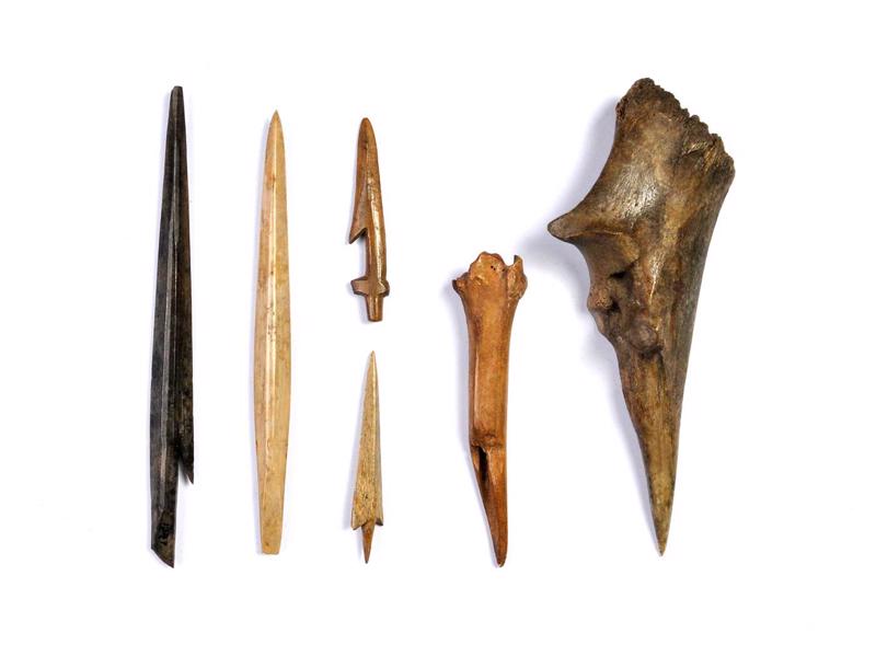 Bronzas laikmeta kaula rīki: šķēpu gali, miniatūra harpūna, bultas gals un īleni.