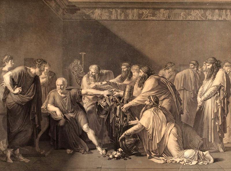 Rafaela Masāra (Raphael Massard) gravīra "Hipokrats noraida Artakserksa dāvanas" pēc Anē Luī Žirodē gleznas. 1816. gads.