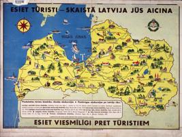 Speciālās kartes piemērs – tūrisma karte: Esiet tūristi – skaistā Latvija jūs aicina. Rīga: Iekšlietu Ministrijas Emigrācijas nodaļa, 1933. gads.