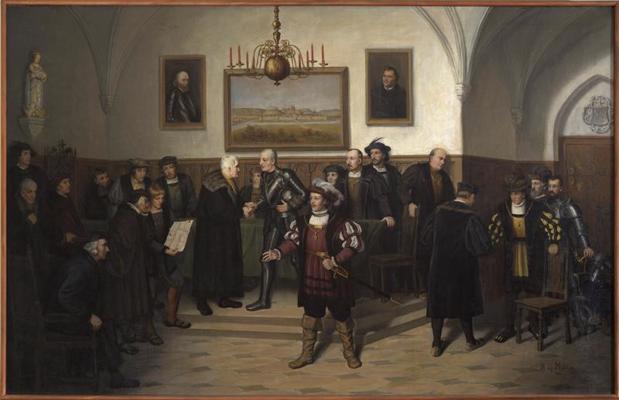 Rūdolfa fon cur Mīlena gleznā tiek piedāvāta mākslinieka interpretācija par Tērbatas rātskungu un bīskapijas bruņniecības pārstāvju tikšanos 1522. gada 9. aprīlī Tērbatas rātsnamā, lai atjaunotu seno 1478. gada vienošanos un noslēgtu aliansi aizstāvībai pret zemeskunga – bīskapa Johana Blankenfelda patvaļu.
