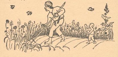 Jāņa Jaunsudrabiņa prozas darba "Baltā grāmata" iekšlapu ilustrācija ar klibo Jurku, kuru zīmējis pats autors. Rīga, Dzirciemnieki, 1914. gads.