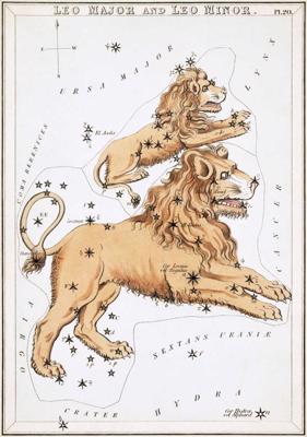 Lauvas zvaigznāja attēlojums atlantā “Urānijas spogulis jeb Skats uz Debesīm” (Urania’s mirror, or, A view of the Heavens, Londona, 1824).
