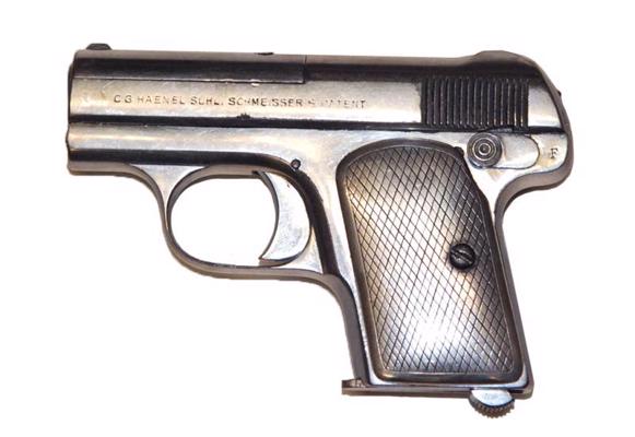 13. att. H. Šmeisera (H. Schmeisser) sistēmas civilā pistole HAENEL Mod.I, 20. gs. 20. gadi, Vācija, Zūla (Suhl), firma C.G.HAENEL, kalibrs 6,35 mm, .25 ACP. 