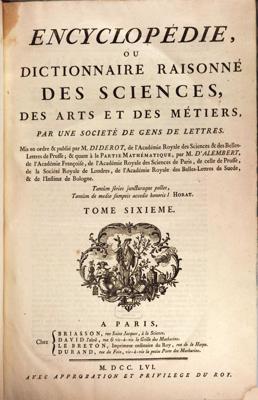Enciklopēdijas jeb Zinātņu, mākslu un amatu skaidrojošās vārdnīcas titullapa, 1756. gads.