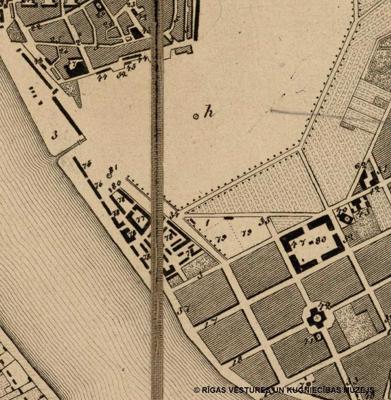 Pagaidu koka noliktavu gruntsgabali līdzās Daugavai. Fragments no Rīgas kartes. 1843. gads.