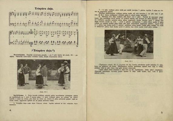 Trīspāru dejas apraksts Johanna Rinka un Jāņa Oša pirmajā burtnīcā "Latvju tautas dejas". Rīga, Valters un Rapa, 1933. gads.