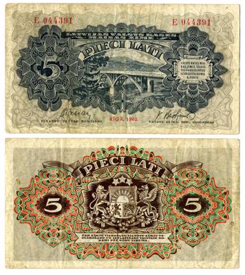 5 latu naudaszīme, iespiesta 1940. gadā Rīgā.