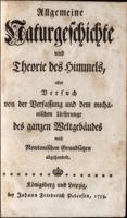 Titullapa Imanuela Kanta darbam "Vispārējā dabas vēstures un debesu teorija", 1755. gads.