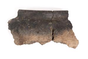 Māla ripas keramikas trauka mala ar profilētu augšmalu, sāni rotāti ar ķemmes līkloča joslām un horizontālām līnijām. Sabiles pilskalns, 11.–15. gs.