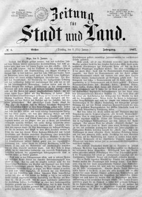 Avīzes Zeitung für Stadt und Land, Nr. 1 (03.01.1867.) pirmā lapa.