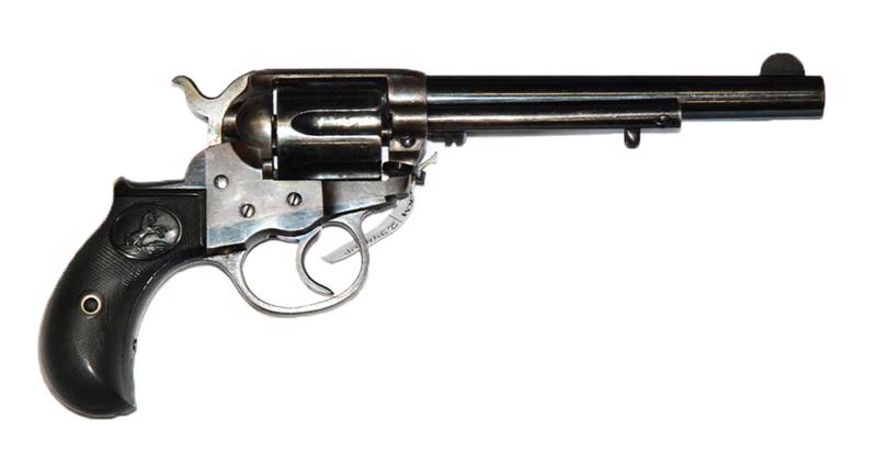 6. att. Sešu patronu revolveris Colt DA 38 (M1877 "Lightning") ar slēgtu rāmi, .38 kalibrs (9 mm), 1877.–1909. gads, ASV, Hartforda, Kolta ieroču rūpnīca.