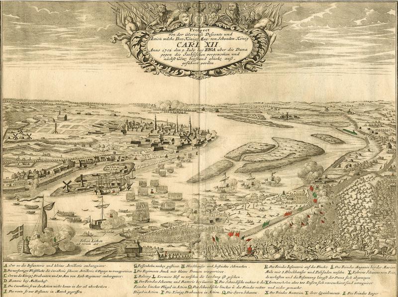 Zviedru karaspēka pārcelšana pāri Daugavai 09.07.1701. uz kaujas vietu Spilves pļavās.