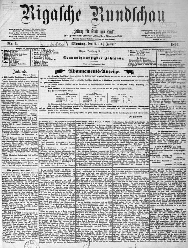 Laikraksta Rigasche Rundschau, Nr. 1 (02.01.1895.) pirmā lapa.