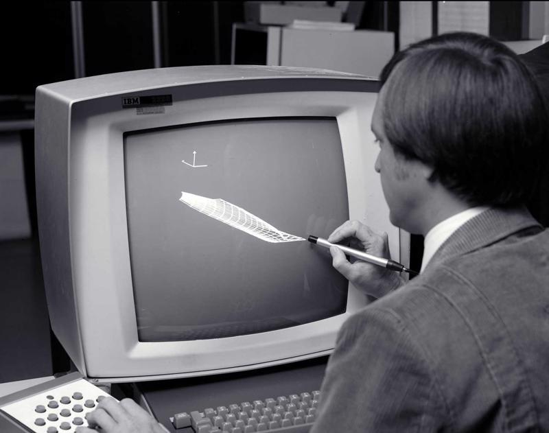 Vektorgrafikas attēla veidošana, izmantojot gaismas pildspalvu un tastatūru, lietojot IBM 2250 Graphics Display Unit sistēmu. Silikonu ieleja, Amerikas Savienotās Valstis, 30.08.1973.