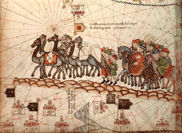 Marko Polo ar karavānu. Ilustrācija no Katalāņu atlasa. 1375. gads.