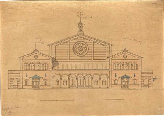 Arhitekta Frīdriha Bīrkleina Centrālās dzelzceļa stacijas Minhenē fasādes projekta zīmējums, 1845. gads.
