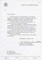 Islandes Republikas ārlietu ministra 22.08.1991. vēstule par Latvijas neatkarības atzīšanu un diplomātisko attiecību atjaunošanu.