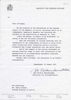 Islandes Republikas ārlietu ministra 22.08.1991. vēstule par Latvijas neatkarības atzīšanu un diplomātisko attiecību atjaunošanu.